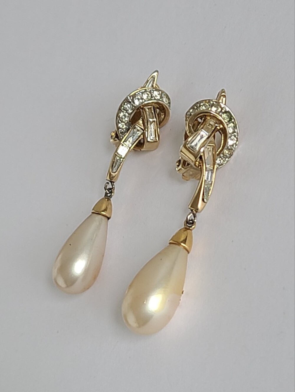Vintage Nina Ricci Gold Plated Baguette Crystal Rhinestone Pearl Drop Earrings